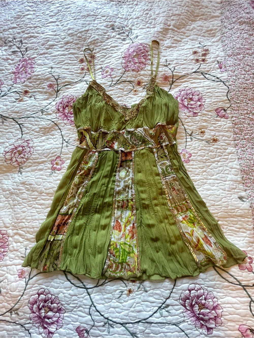 vintage papaya green sequin patchwork strapless blouse